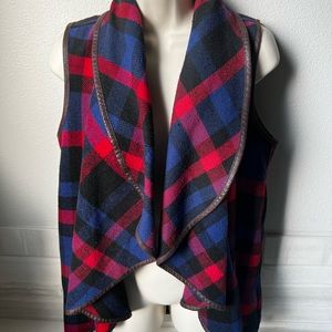 Altar’d State Women’s Plaid Vest with Dark Brown Faux Leather piping - Red/Blue